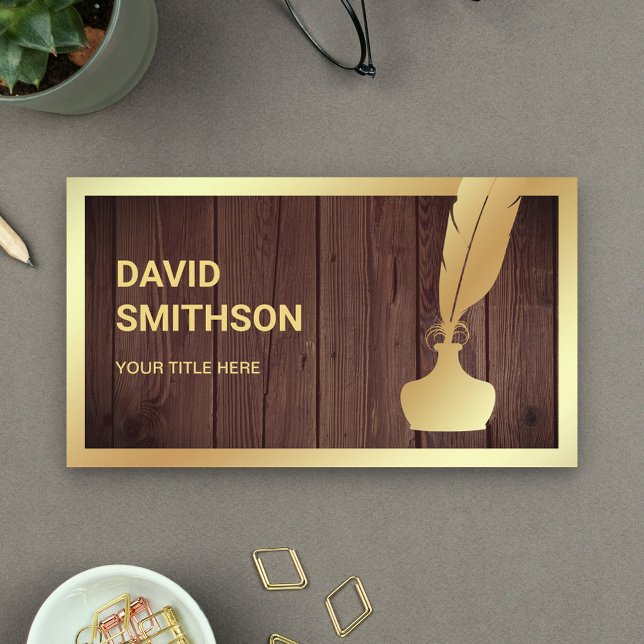 Rustic Wood Gold Foil Inkwell Feather Quill Pen Business Card (Creator Uploaded)