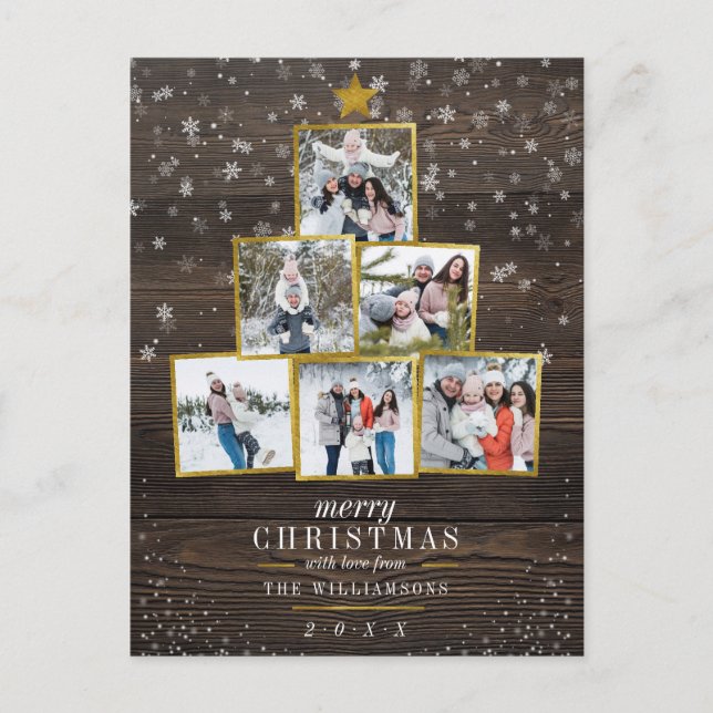 Rustic Wood & Gold Foil Photo Tree | Christmas Holiday Postcard (Front)