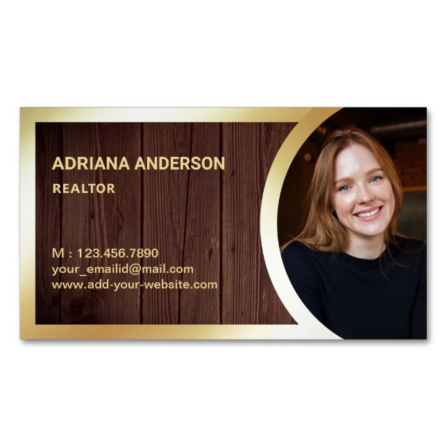 Rustic Wood Gold Foil Real Estate Photo Realtor Magnetic Business Card (Front)