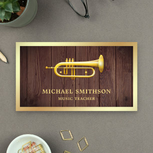 Rustic Wood Gold Foil Trumpet Music Teacher Business Card