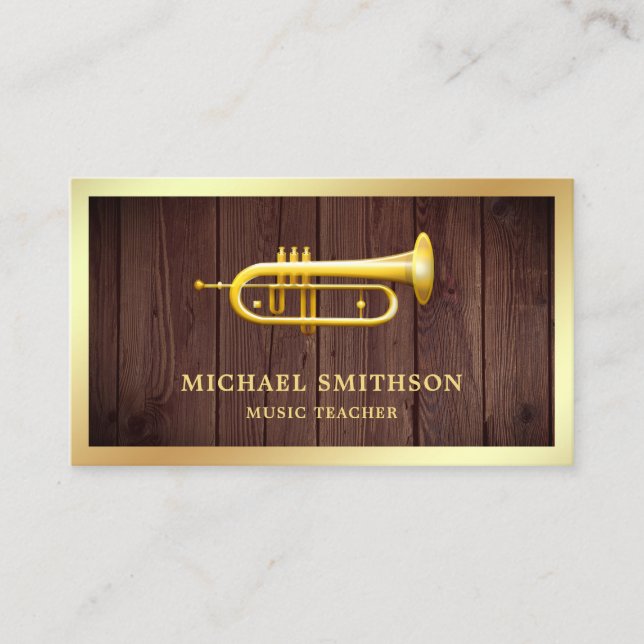 Rustic Wood Gold Foil Trumpet Music Teacher Business Card (Front)