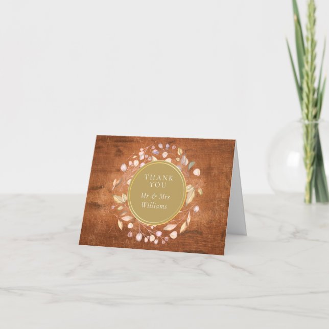 Rustic Wood Gold Foliage Wedding Thank You Card (Front)