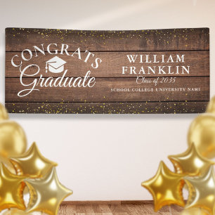 Rustic Wood Gold Glitter Modern Graduation Banner