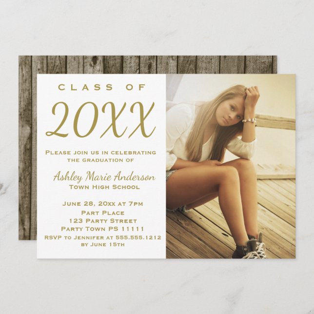Rustic Wood Gold Graduation Party Photo Invitation (Front/Back)
