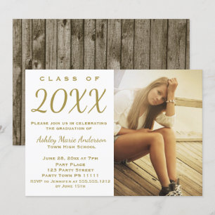 Rustic Wood Gold Graduation Party Photo Invitation