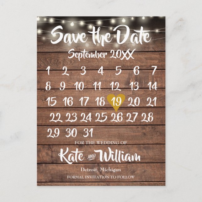 Rustic Wood Gold Heart Calendar Save the Date Announcement Postcard (Front)
