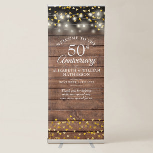 Rustic Wood Gold Hearts 50th Anniversary Welcome Retractable Banner