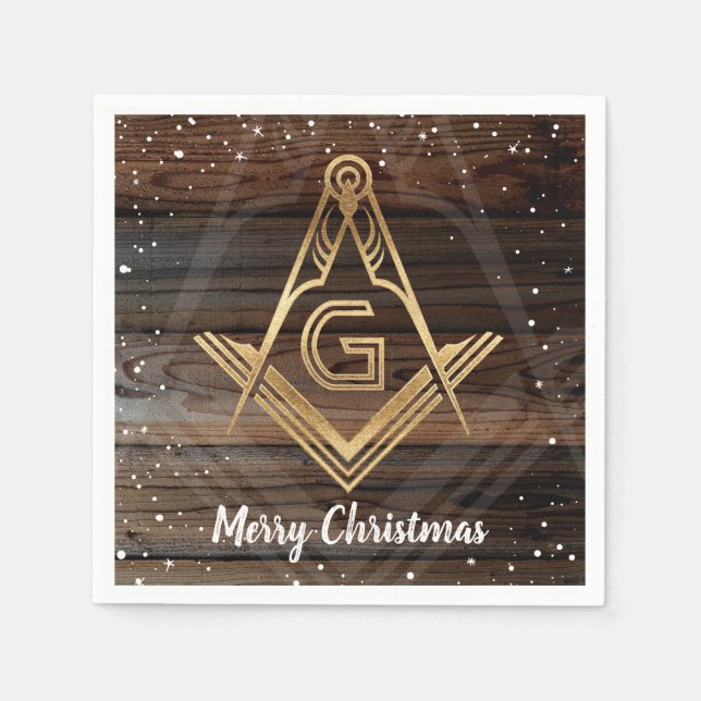 Rustic Wood Gold Merry Christmas Masonic Napkins (Front)