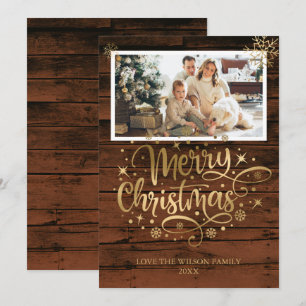Rustic Wood Gold Merry Christmas Photo Card