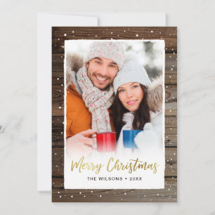 Rustic Wood Gold Merry Christmas Photo Cards