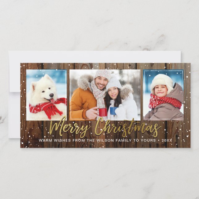 Rustic Wood Gold Merry Christmas Photo Cards (Front)