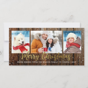 Rustic Wood Gold Merry Christmas Photo Cards