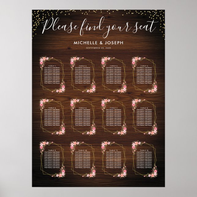 Rustic Wood Gold Pink Floral Wedding Seating Chart (Front)
