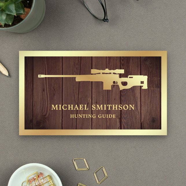 Rustic Wood Gold Sniper Rifle Gun Shop Gunsmith Business Card (Creator Uploaded)