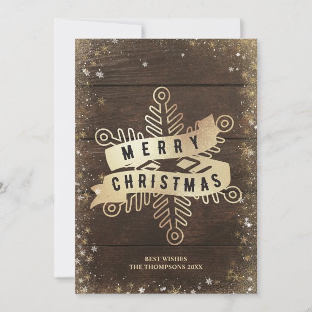 Rustic Wood Gold Snowflake Merry Christmas Holiday Card (Front)