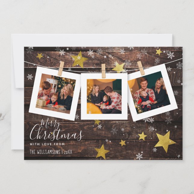 Rustic Wood Gold Stars & Snow | Christmas Photo Holiday Card (Front)
