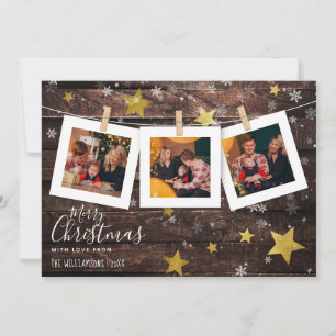 Rustic Wood Gold Stars & Snow   Christmas Photo Holiday Card