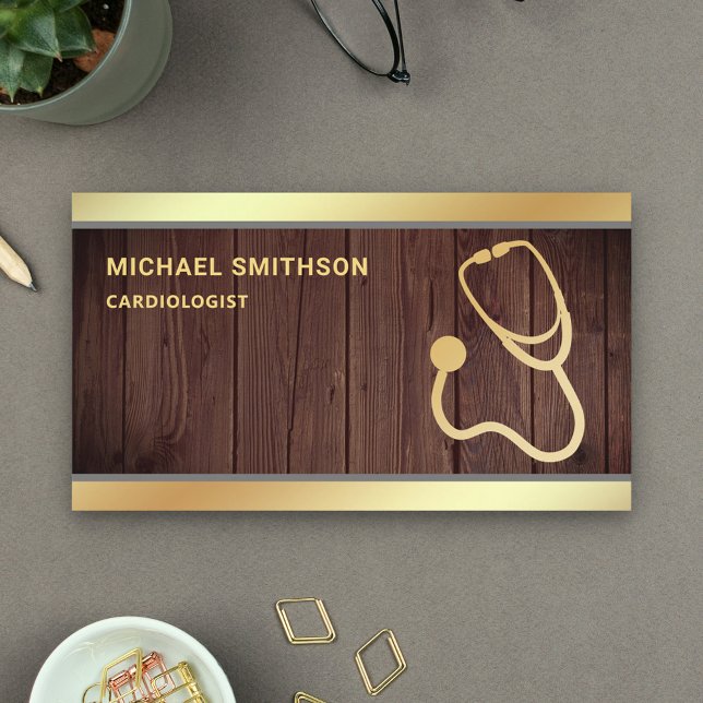 Rustic Wood Gold Stethoscope Medical Professional Business Card (Creator Uploaded)