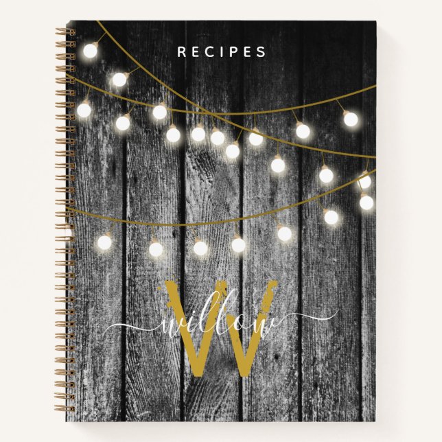 Rustic Wood Gold String Lights Monogram Recipe Notebook (Front)