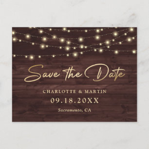 Rustic Wood Gold String Lights Save The Date Announcement Postcard