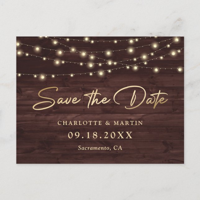Rustic Wood Gold String Lights Save The Date Announcement Postcard (Front)