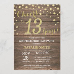 Rustic Wood Gold Surprise 13th Birthday Diamond Invitation