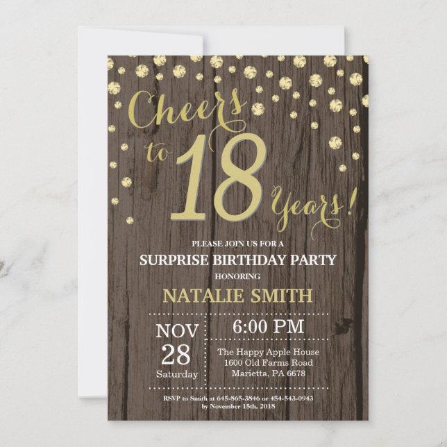 Rustic Wood Gold Surprise 18th Birthday Diamond Invitation (Front)
