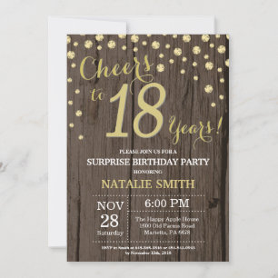 Rustic Wood Gold Surprise 18th Birthday Diamond Invitation
