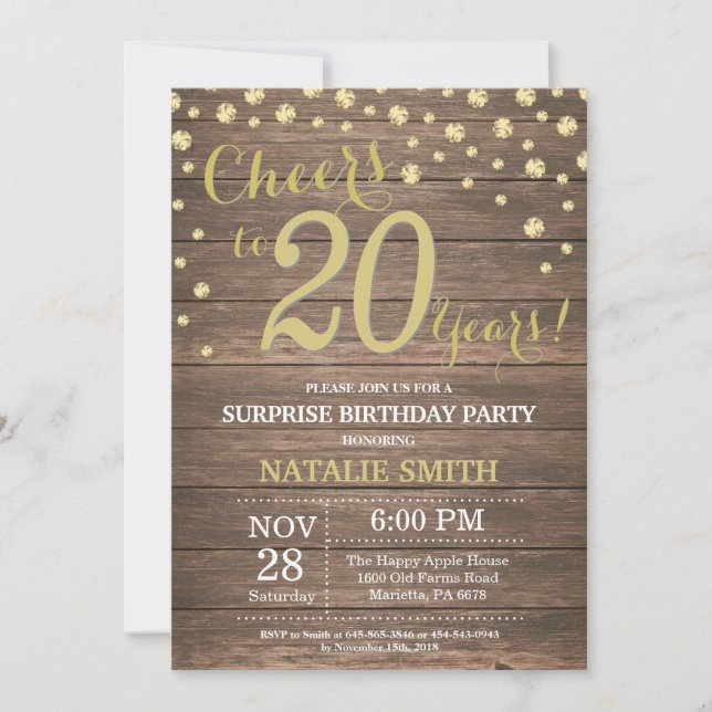 Rustic Wood Gold Surprise 20th Birthday Diamond Invitation (Front)