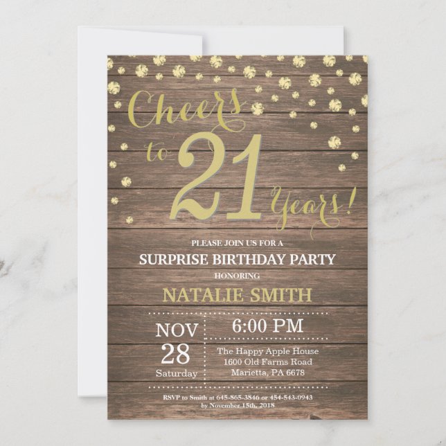 Rustic Wood Gold Surprise 21st Birthday Diamond Invitation (Front)