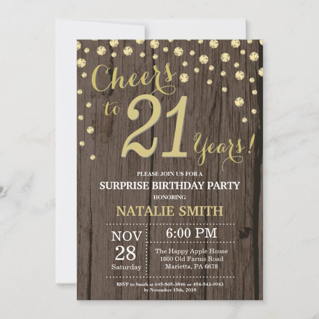 Rustic Wood Gold Surprise 21st Birthday Diamond Invitation (Front)