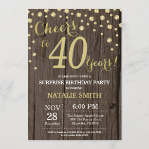 Rustic Wood Gold Surprise 40th Birthday Diamond Invitation