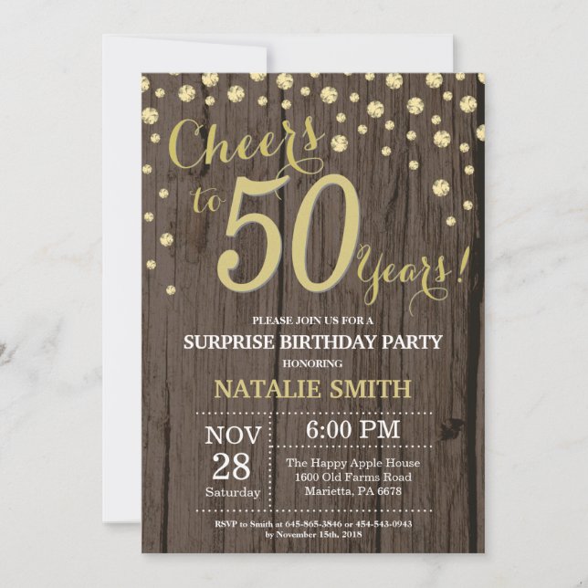 Rustic Wood Gold Surprise 50th Birthday Diamond Invitation (Front)