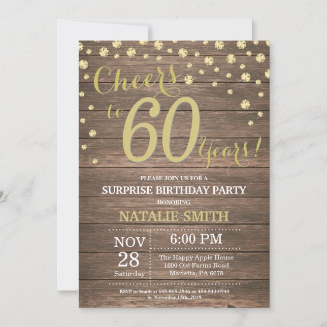 Rustic Wood Gold Surprise 60th Birthday Diamond Invitation (Front)