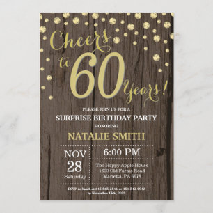 Rustic Wood Gold Surprise 60th Birthday Diamond Invitation