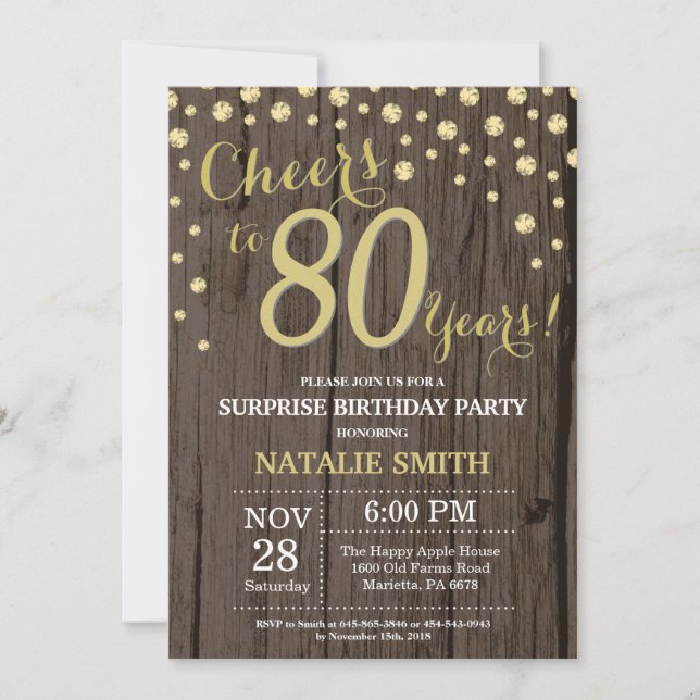 Rustic Wood Gold Surprise 80th Birthday Diamond Invitation (Front)