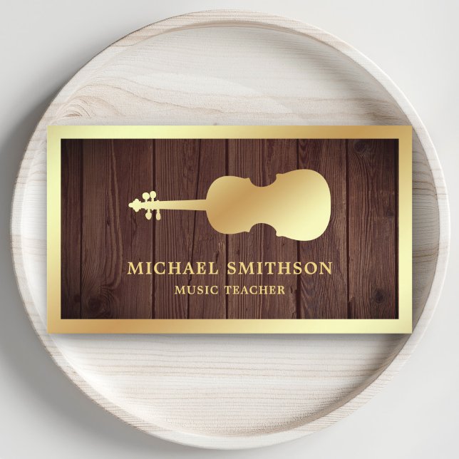 Rustic Wood Gold Violin Music Teacher Violinist Business Card (Creator Uploaded)