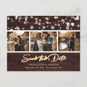 Rustic Wood Gold Wedding Photo Save The Date Announcement Postcard