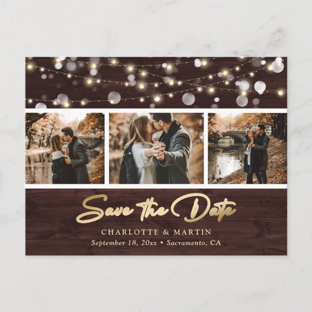 Rustic Wood Gold Wedding Photo Save The Date Announcement Postcard (Front)