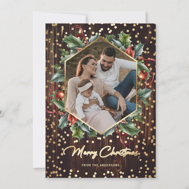 Rustic Wood Gold Wreath Photo Christmas Cards (Front)