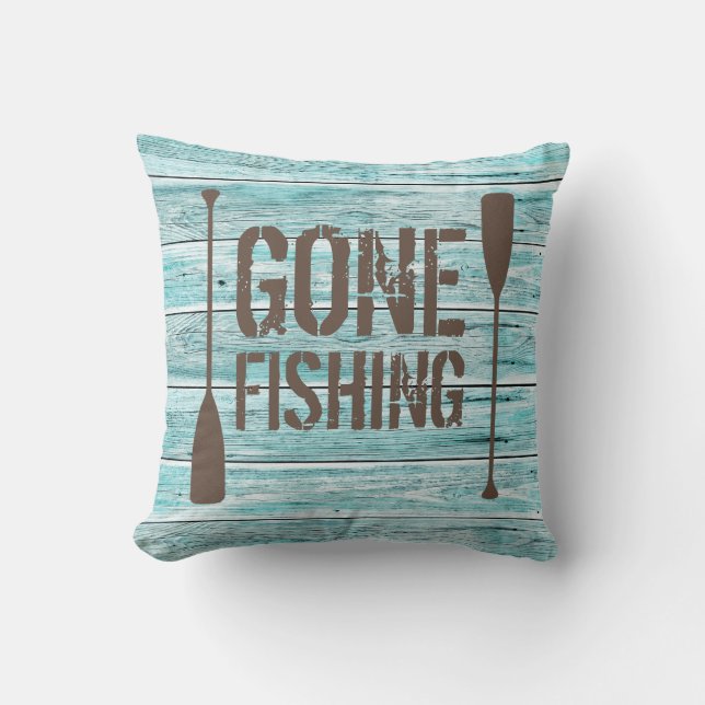 Rustic Wood Gone Fishing Cushion (Front)