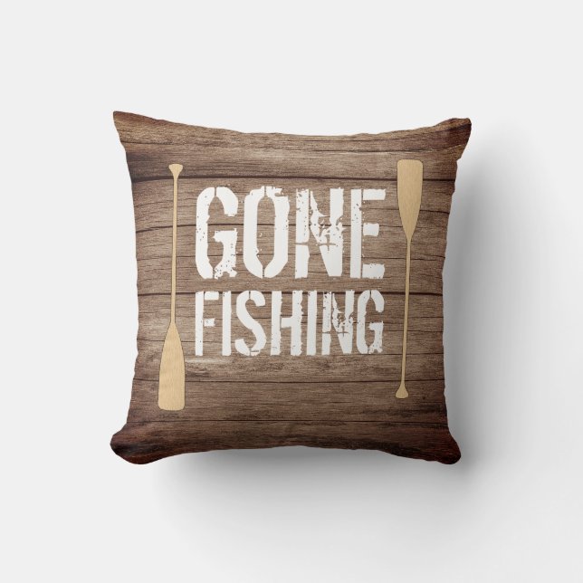 Rustic Wood Gone Fishing Cushion (Front)