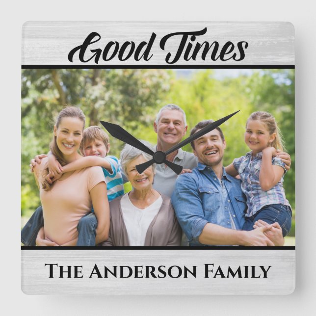 Rustic Wood Good Times Family Photo Square Wall Clock (Front)