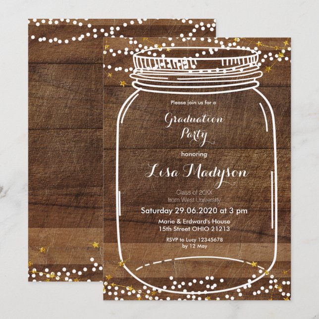 Rustic Wood Graduation Party Invitation Mason jar (Front/Back)