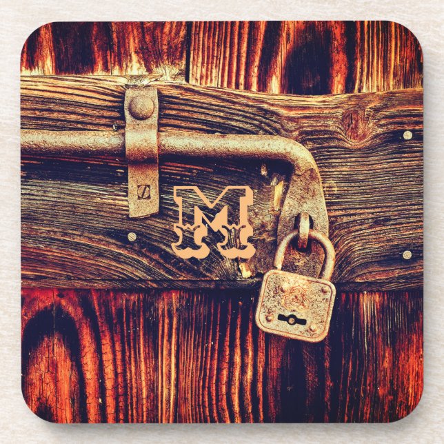 Rustic wood grain antique brass lock brown black coaster (Front)