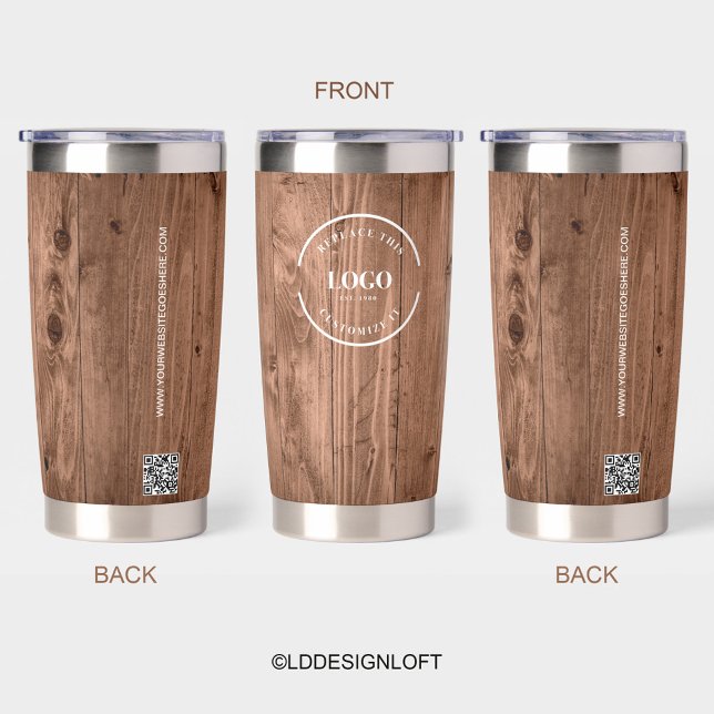 Rustic Wood Grain Branded with logo Website Insulated Tumbler (Branded insulated tumblers with logo, website and QR code. Rustic wood grain print texture.)