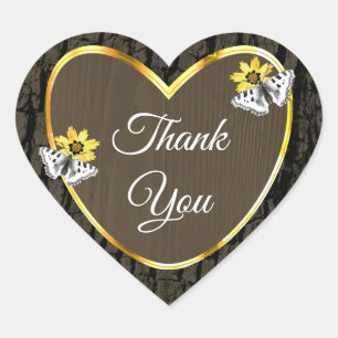 Rustic Wood Grain Dark Brown Gold Cute Thank You Heart Sticker