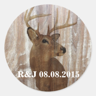 rustic wood grain deer the hunt is over wedding classic round sticker