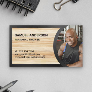 Rustic Wood Grain Fitness Personal Trainer Photo Business Card