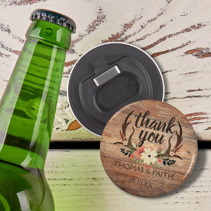 Rustic Wood Grain Floral Antler Wedding Thank You Bottle Opener